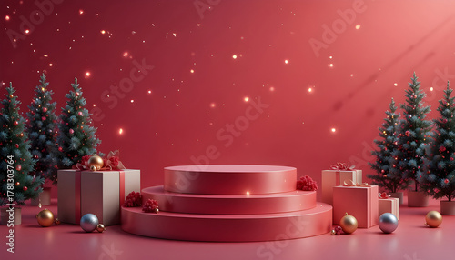 Festive red stage presentation with christmas trees and gift boxes