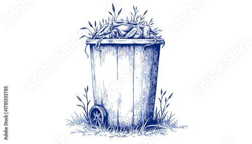 Vintage sketch of a compost bin with blue ink details  