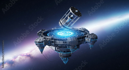 Fototapeta Naklejka Na Ścianę i Meble -  Futuristic space station with open module against stunning nebula, conveying innovation, exploration, and advanced technology for science and research projects