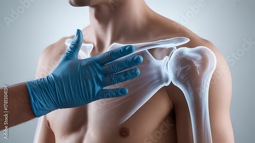 Doctor examining a glowing shoulder joint with a gloved hand