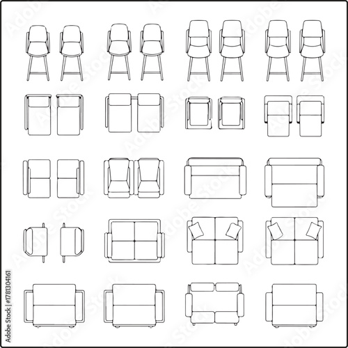CAD Furniture Symbols in Top View, Chairs, Sofa, and Armchairs Outline Icons for Interior Design, Architecture, and Floor Plan Drawings