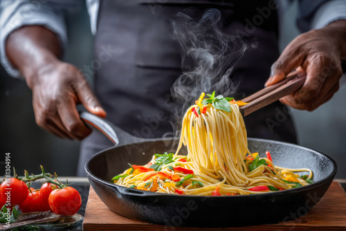 Steam rises from freshly cooked pasta as a chef skillfully tosses colorful vegetables in a cozy kitchen