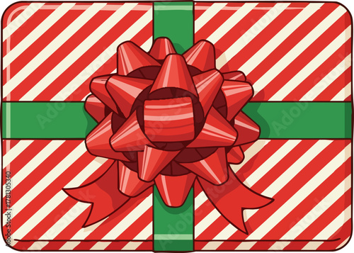 Festive christmas gift box with red bow and striped wrap