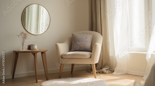 Cozy beige armchair creates a serene interior scene of calm minimal sophistication and gentle light