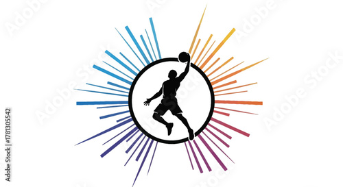 Dynamic graphic illustration of a basketball player silhouette performing a dunk, surrounded by colorful radial lines emanating from a central circle.