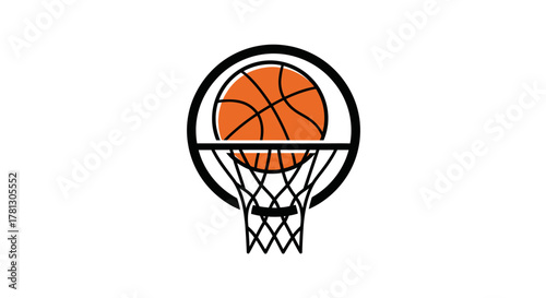 A minimalist graphic icon of an orange basketball positioned above a hoop and net within a circular black frame.