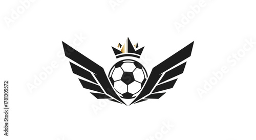 A stylized logo featuring a soccer ball with a crown and outstretched wings on a white background.