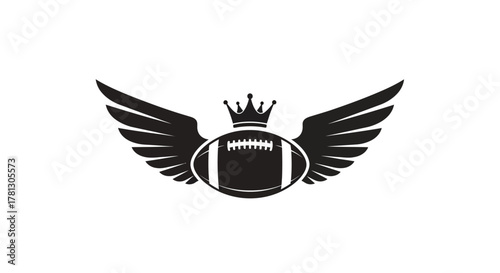 A black and white image features a football with wings and a crown, symbolizing victory.