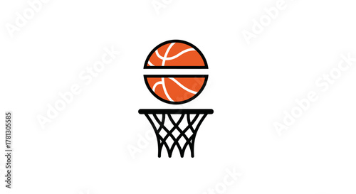 A basketball split in half above a basketball hoop, simple graphic.
