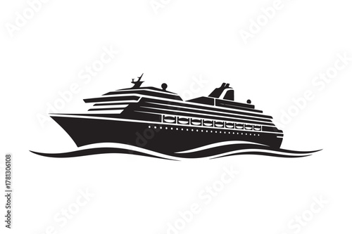 Black silhouette of a large cruise ship sailing on wavy water