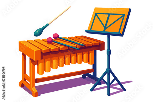 Vibrant wooden xylophone percussion instrument with mallets and music stand