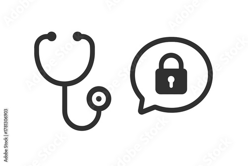 Medical data security and patient privacy concept with stethoscope and locked speech bubble icon