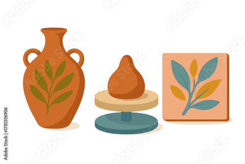Collection of terracotta pottery objects including a decorated amphora, clay lump on a wheel, and a ceramic tile with botanical design