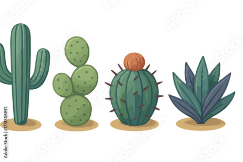 Saguaro, prickly pear, and agave desert plants standing on small sand patches