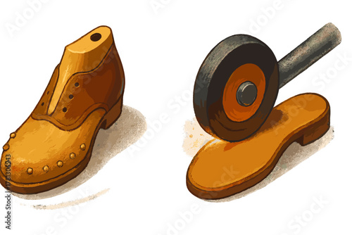 Traditional shoemaking process featuring a wooden shoe last and a grinding wheel