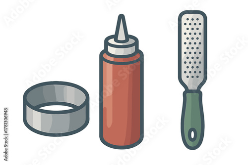 Collection of everyday objects including a metal band, squeeze bottle, and pedicure rasp