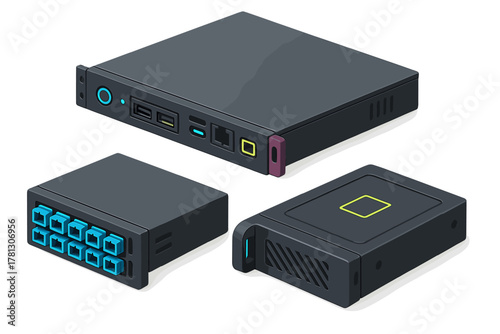 Isometric compact network devices and mini servers for data center infrastructure