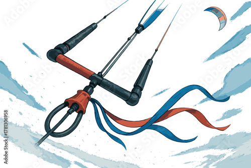 Kitesurfing control bar equipment and lines against a cloudy sky background with a distant kite