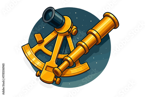 Vintage golden brass sextant navigational instrument for celestial measurement
