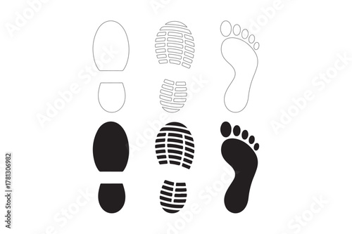 Collection of footprint and shoe print silhouettes on white background