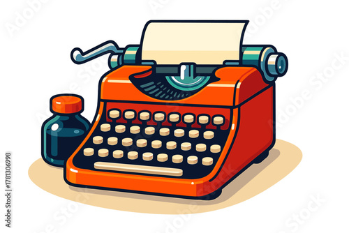 Vintage orange and red mechanical typewriter with blank paper and a small bottle of ink