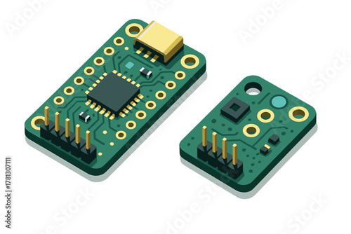Isometric view of two small green electronic circuit boards with components and gold connectors