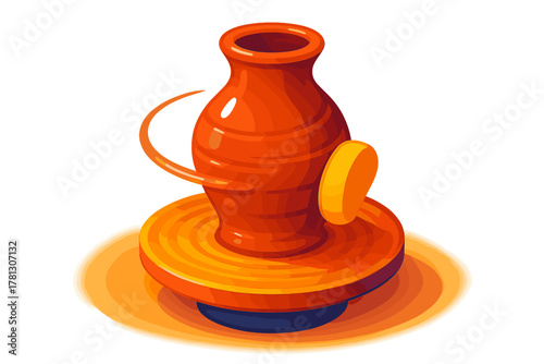 Terracotta vase being shaped on a spinning pottery wheel with a sponge tool