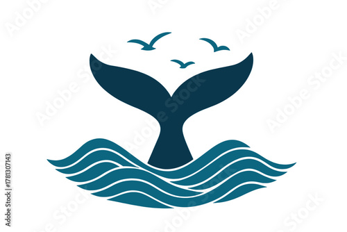 Stylized graphic of a whale tail diving into the ocean waves with flying seagulls