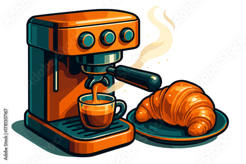 Orange and teal espresso machine pouring hot coffee next to a fresh baked croissant