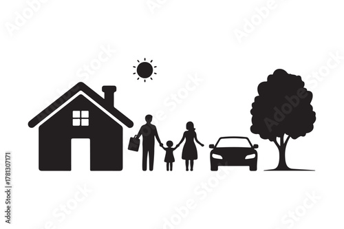 Family home car and tree silhouette representing a happy life