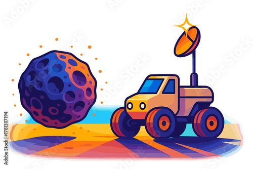 Stylized space rover exploring a colorful cratered alien planet with a satellite dish