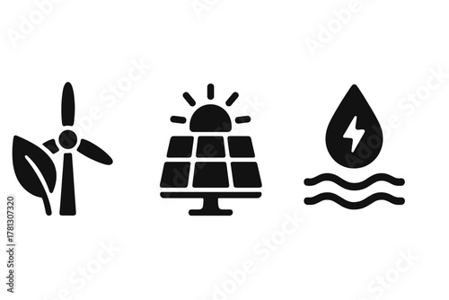 Black symbols representing sustainable energy sources: wind turbine, solar panel, and water power