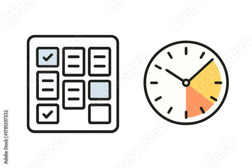 Productivity schedule planning with task board checklist and time allocation clock