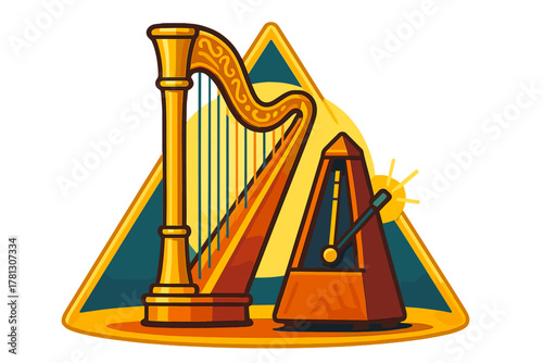 Golden classical harp and wooden metronome standing together against a stylized background