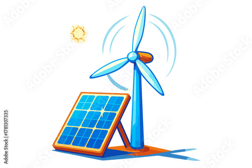 Spinning wind generator and photovoltaic solar array representing sustainable energy