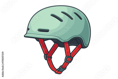 Mint green safety helmet with red straps for cycling or skateboarding protection