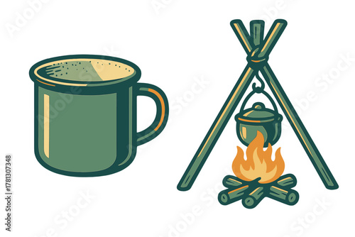 Enamel camping mug next to a cooking pot hanging over an outdoor campfire