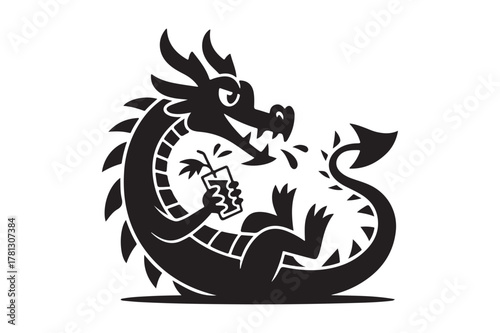 Cartoon dragon holding a drink with a palm tree