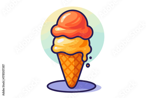 Melting two scoop ice cream cone dessert with orange and yellow flavors on a waffle cone