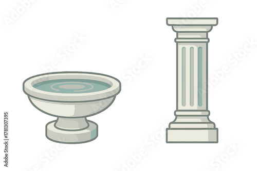 Classical fluted column pedestal and traditional stone bird bath with water basin