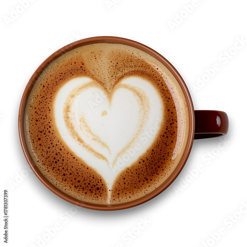Hot Coffee With Heart-Shaped Foam Art in a Brown Cup on White Surface