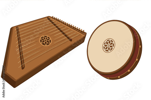 Traditional Middle Eastern string instrument and frame drum set on white background