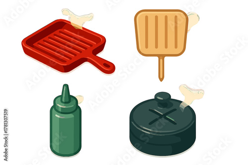 Collection of essential barbecue and grilling equipment featuring a hot pan, spatula, sauce dispenser, and smoker box
