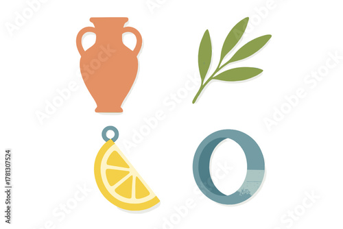 Mediterranean collection of geometric elements: amphora, olive branch, lemon slice, and abstract ring