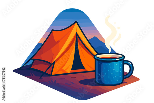 Cozy outdoor camping scene featuring an orange tent and a steaming blue mug