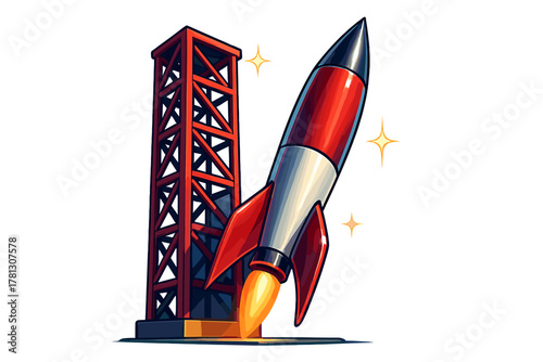 Classic red and white space rocket launching from a tall metal launch tower structure