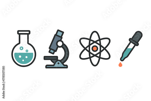 Essential scientific research and chemistry laboratory equipment icons set