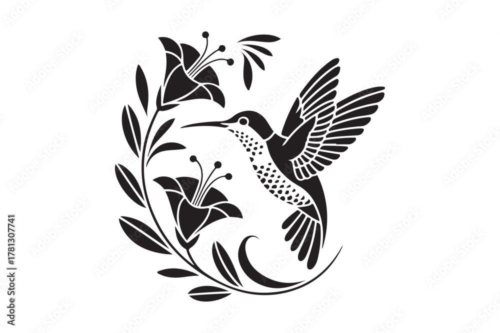 Obraz premium Elegant black and white hummingbird and floral design