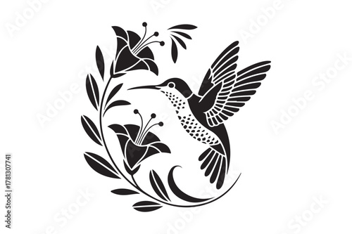 Elegant black and white hummingbird and floral design