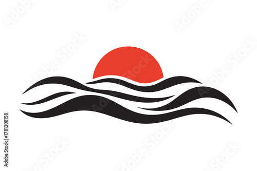 Stylized red sun setting over black ocean waves